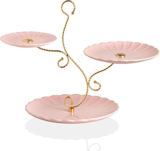 Sweejar 3 Tier Ceramic Cake Stand Wedding, Dessert Cupcake Stand for Tea Party Serving Platter (Milk Pink)