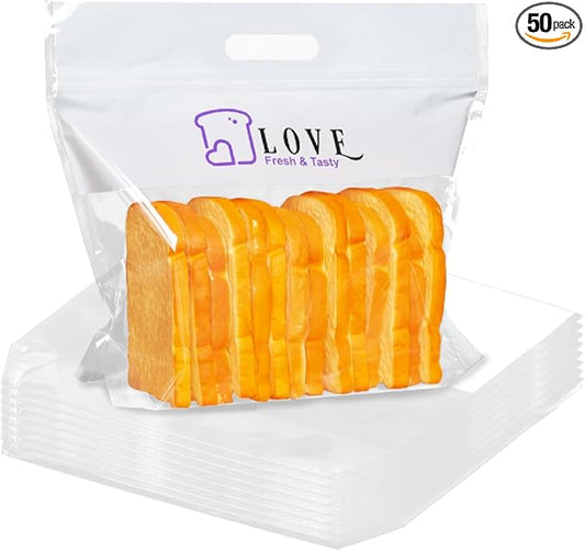 Plastic Bread Bags for Homemade Bread, Freezable Seal Tight Bakery Bags with Clear Window for Loaves, Sourdough，Bagels (50 Packs) White-13.8" x 11.8"