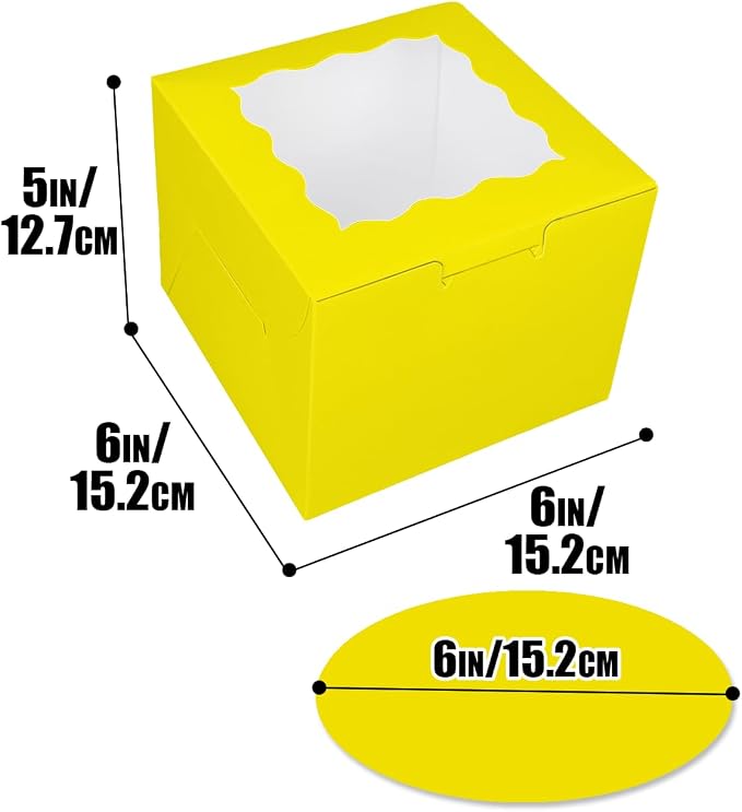 Bakepacker 36pcs 6x6x5 Inches Cake Boxes with Window 18-Packs Yellow 6 Inch Bakery Boxes (18 Cake Boxes +18 Cake Boards Included)