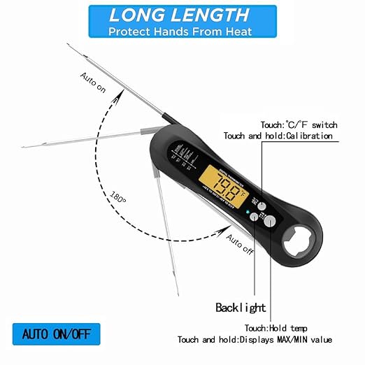 Digital Waterproof Meat Thermometer with Bottle Opener – Instant Read BBQ & Kitchen Thermometer for Grilling, Smoking, Cooking
