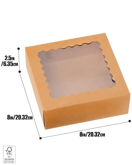 qiqee Auto-pop Up 90pcs Brown Pastry Box With Window Donut Pie Boxes 8"x8"x2.5" Bakery Box