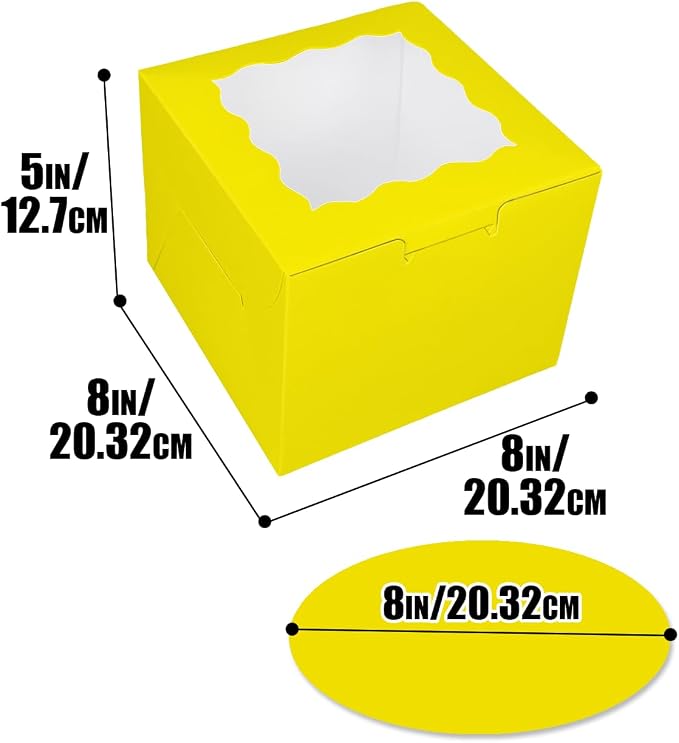 Bakepacker 36pcs 8x8x5 Inches Cake Boxes with Window 18-Packs Yellow 8 Inch Bakery Boxes (18 Cake Boxes +18 Cake Boards Included)