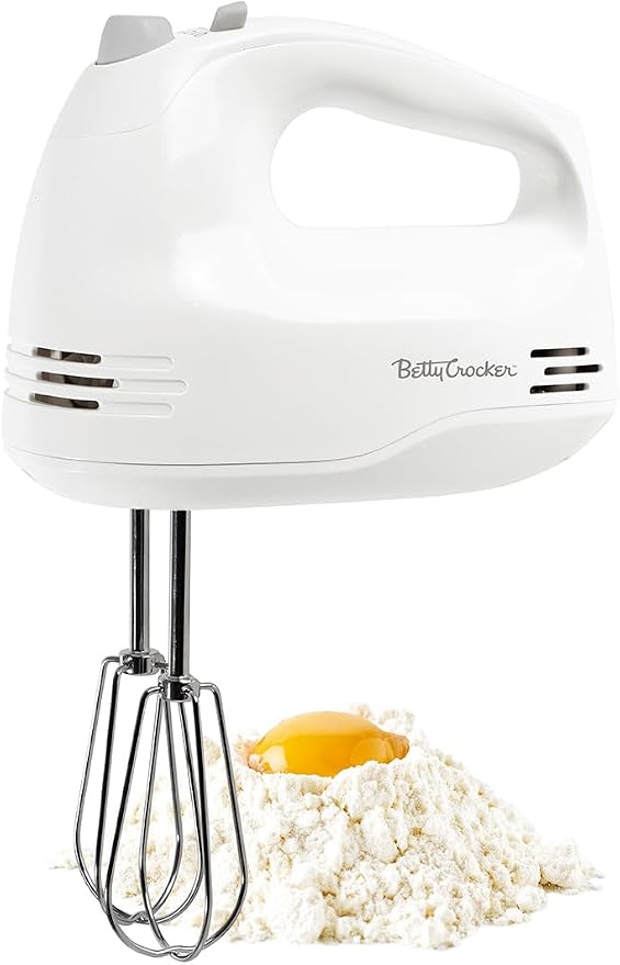 Betty Crocker 5-Speed Hand Mixer, 150 Watts Power, Easy-Clean Chrome Plate Beaters, Beater Eject Button, Heel Rest, Sleek Compact Design, Apartment Essentials, BC-4203WT, White