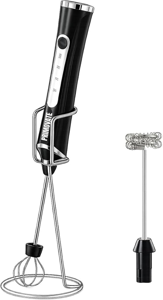 Rechargeable Milk Frother Handheld, Electric Coffee Frother with 2 Whisk, 3-Speed Powerful Drink Mixer, USB-C, Milk Foamer for Coffee,Latte,Cappuccino,Matcha & HotChocolate (Black+Stand)