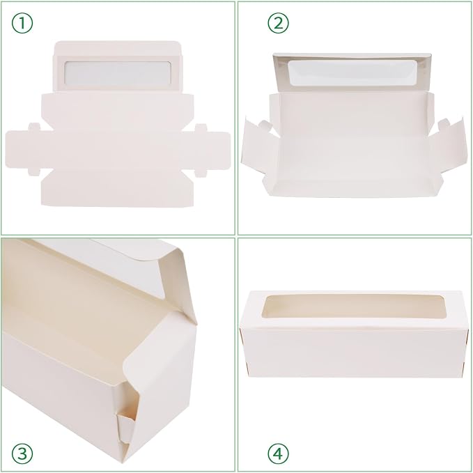 NPLUX Macaron Boxes, 25 Pack White Dessert Boxes with Clear Window and Ribbon, 7.2 x 2.1 x 1.9 In, Fits 5 to 7 Macarons, Bakery Packaging Boxes for Gifts, Cookies, Graduation Gifts Party Favors