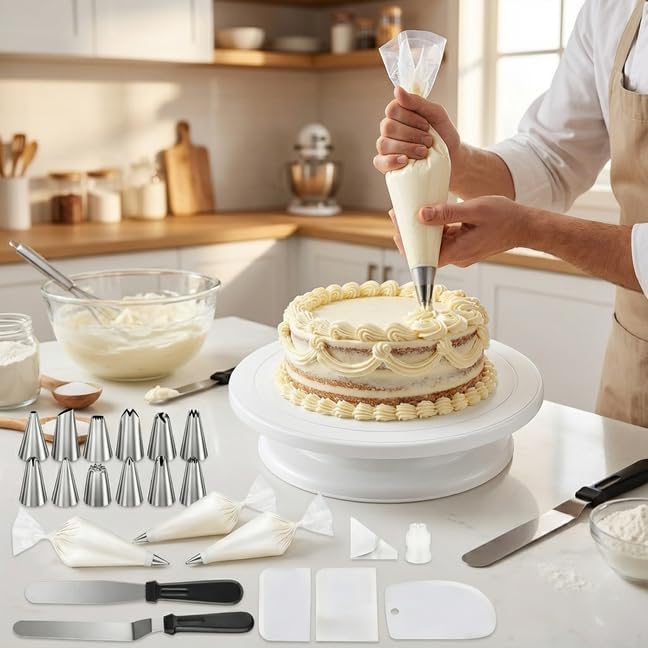 Cake Decorating Kit with Cake Turntable, 69-Piece Baking Supplies Set Including 12 Piping Tips, 50 Piping Bags, 3 Cake Scrapers, 2 Frosting Spatulas and Coupler, Easy Cake Decorating for Beginners