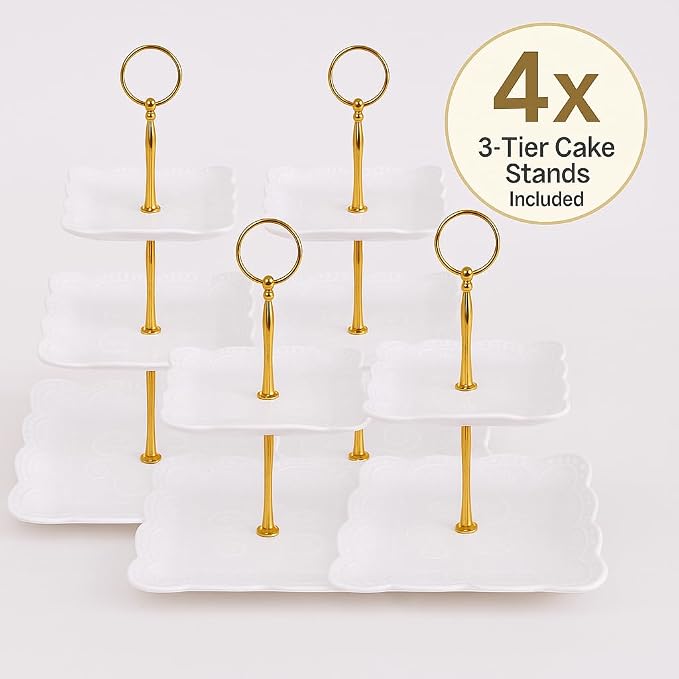 13-Piece Cake Display Set, 4 Square 3-Tier Cupcake Stands, Large Cake Stand, 6 Rectangular Trays, Golden Tongs & Server – Dessert Table Display for Weddings, Baby Showers & Parties