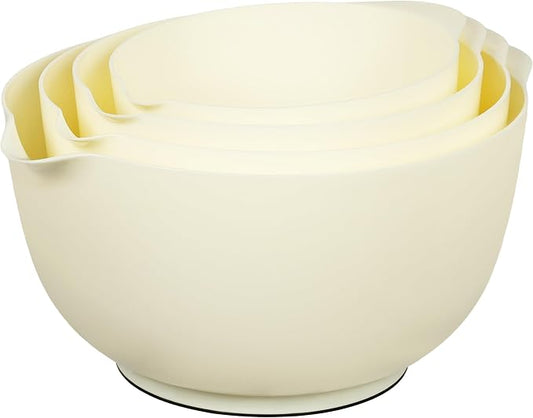 BoxedHome 4.5 Quart Large Plastic Mixing Bowls, Microwave Safe Mixing Bowl Set with Pour Spout, Nesting Bowls for Space Saving Storage(Beige)