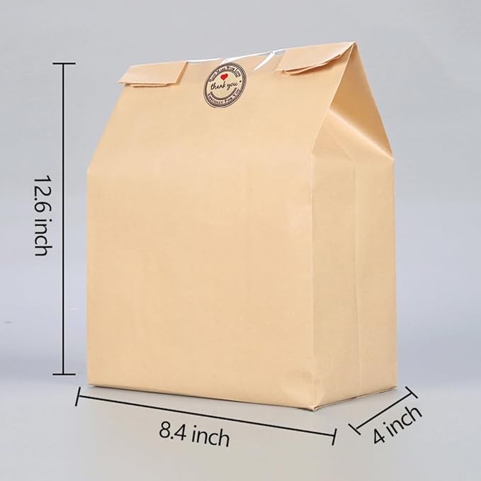 GRANDAN 100 Packs Large Paper Bread Bags for Homemade Bread, Kraft Paper Bakery Bags with Window for Sourdough Toast Packing Storage, Baked Loaf Gifting Bag Bonus Label Seal Stickers 12.6x8.3x4.0 inch