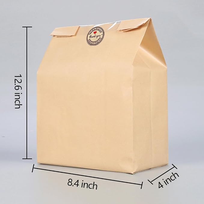GRANDAN 200 Packs Large Paper Bread Bags for Homemade Bread, Kraft Paper Bakery Bags with Window for Sourdough Toast Packing Storage, Baked Loaf Gifting Bag Bonus Label Seal Stickers 12.6x8.3x4.0 inch