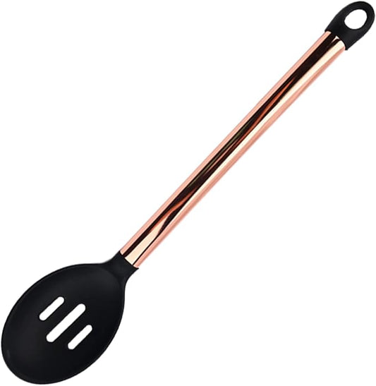 1pc Black & Copper Silicone Slotted Spoons Cooking Large Serving Spoon, Heat Resistant Cooking Utensils for Kitchen Cooking Baking Stirring Mixing Tools