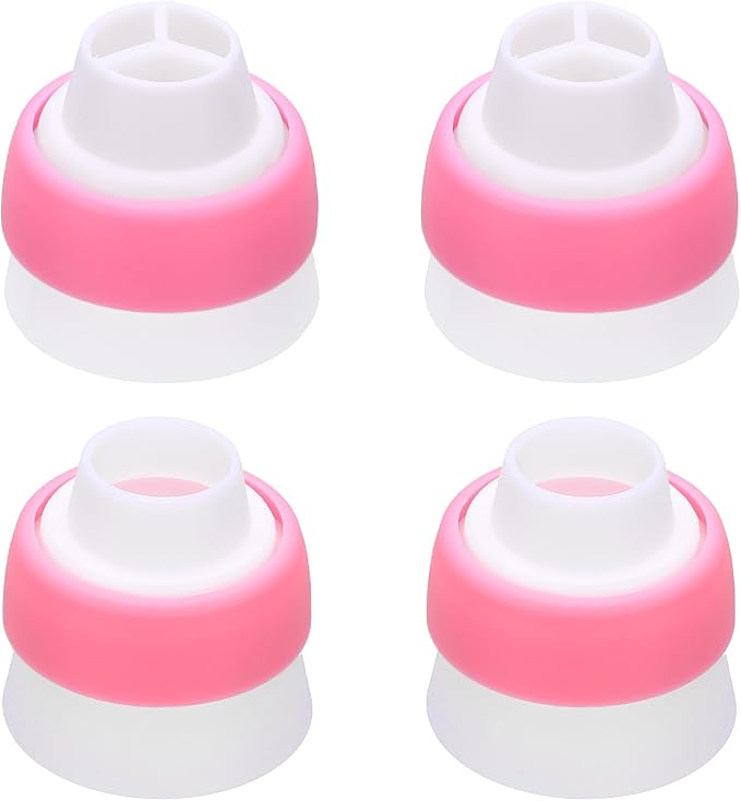 uxcell 4 Pcs Piping Tip Coupler, Plastic 3 and 1 Color Couplers Icing Frosting Piping Bag Reusable Russian Flower Mouth Cake Baker Decor Tools Kit for Nozzles Pastry Cupcake Tips, Pink