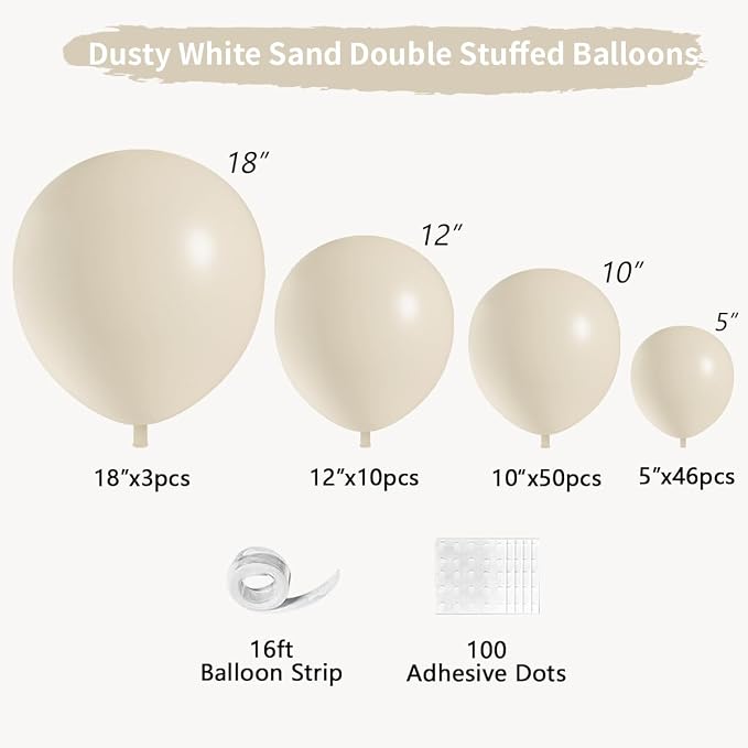 Double Stuffed White Sand balloons Different Size 115Pcs 5/10/12/18 Inch Sand White Balloon Garland Arch kit for Birthday Wedding Baby Shower Bridal Shower Neutral Party Decorations