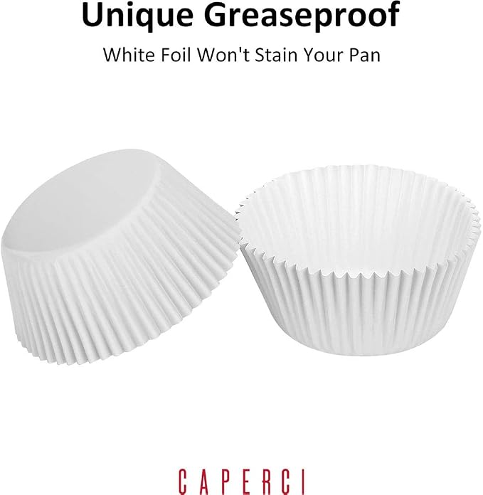 Caperci White Foil Cupcake Liners Standard Muffin Wrappers 150-Pack - Premium Greaseproof & Sturdy Cupcake Papers for Baking