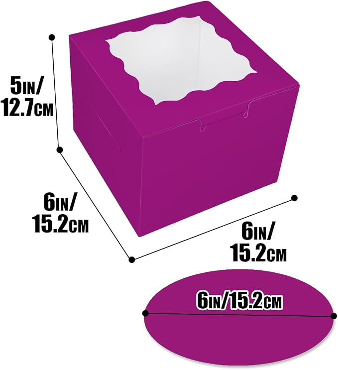 Bakepacker 36pcs 6x6x5 Inches Cake Boxes with Window 18-Packs Deep Purple 6 Inch Bakery Boxes (18 Cake Boxes +18 Cake Boards Included)
