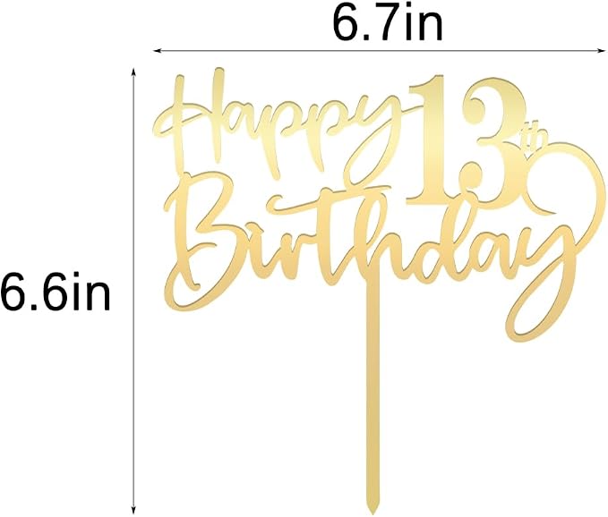 Happy 13 th birthday cake Topper,Mirrored Gold Acrylic Durable Cake Topper,13th Birthday Party Cake Decorations, Hello 13th years old, Happy thirteen years old, Birthday Party Decorations