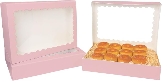 qiqee Auto-pop Up Pink Cookie Box with Window 14x10x2.5 Inch 24Pcs Bakery Pastry Macaron Bakery Box For Packaging