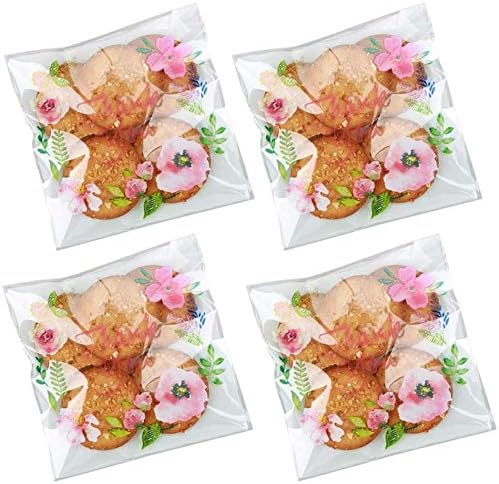 200pcs 5.5x5.5in Thank You Candy Bags Individual Cookie Wrappers Pink Flower Self Adhesive OPP Cookie Bakery Bags Roasting Treat DIY Translucent Plastic pouches