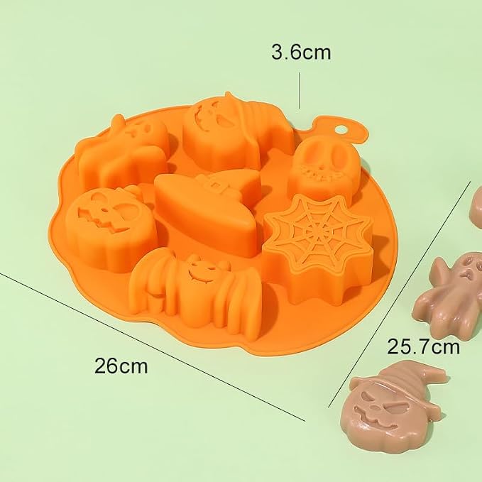 7 Cavities Silicone Cookies Biscuit Mold, Christmas Halloween Candy Mold, Reusable DIY Baking Mold Jelly Chocolate Mold, Ice Cube Tray Wax Melt Molds(Set of 2 Orange Halloween)