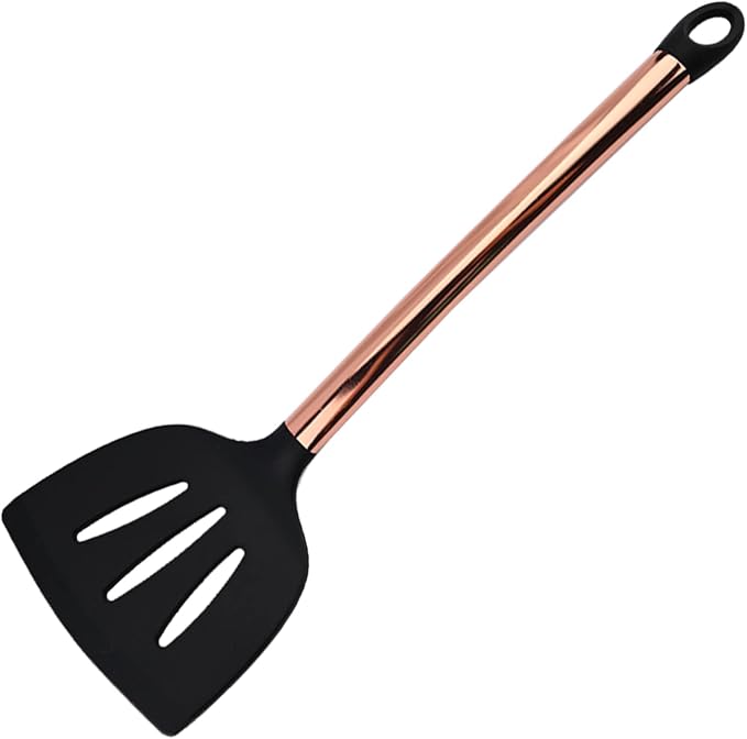 1pc Black & Copper Silicone Cooking Large Wide Slotted Turner with Stainless Steel Handle, Heat Resistant Cooking Utensils for Kitchen Cooking Baking Stirring Mixing Tools