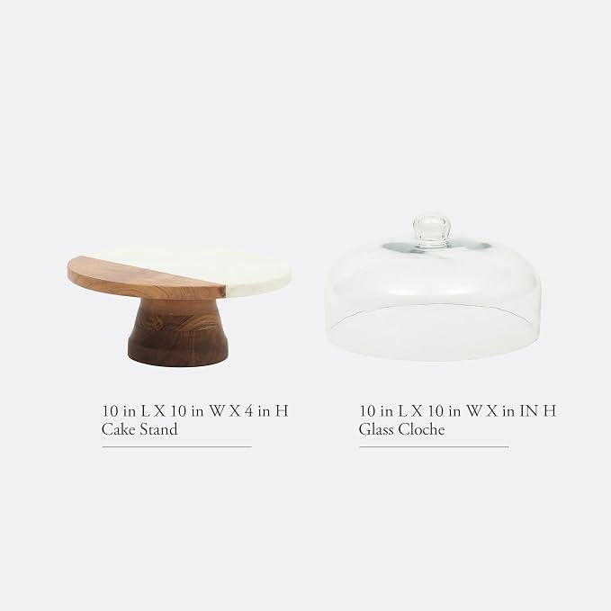Gibson Elite Ridgehaven 10" Marble & Wood Cake Stand, Serving Platter, Charcuterie Board, and Center Piece Home Décor With Glass Lid
