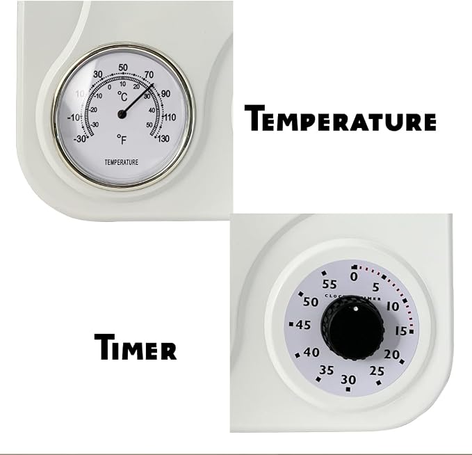 Lily's Home - 9 Inch x 12.5 Inch - Retro Kitchen Wall Clock, Vintage Wall Clock with a Thermometer and 60-Minute Timer, Ideal for Any Kitchen, Office, or Diner (White)