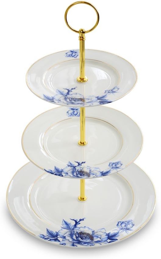 Porlien Gold Trimmed Blue Floral 3 Tier Cake Stand, Dessert Stand, Cupcake Stand