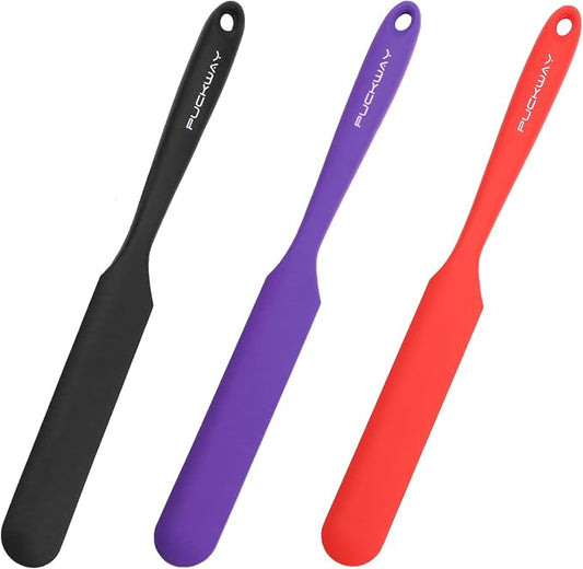 3pcs Silicone Jar Spatulas 10in Long Skinny Heat-Resistant, Narrow Spatula Set for Scraping Peanut Butter, Sourdough, Jam in Small Containers, Blenders & Baking (Black & Purple & Red)