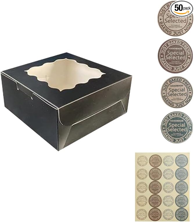 Generic 50Pcs (6x6x3 in) Mini Cake Boxes+3 stickers with Display Window for Gift Giving, Bakesale, Cupcakes, Dessert, Cookies, Pie, Macaroons, Donuts, Pastry, Kraft Paper Material… (50Pcs Black)