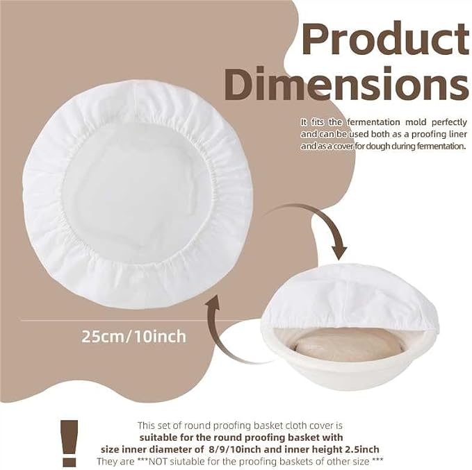 6-Pack Elastic Bread Proofing Basket Covers - Linen & Cotton Liners for 8/9/10inch Round Sourdough Bannetons, Non-Stick, Breathable Fermentation Cloth for Sourdough & Artisan Baking