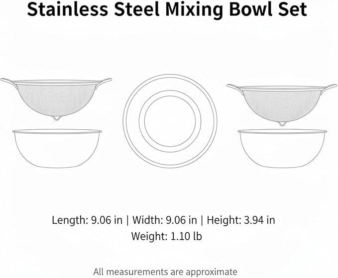 Stainless Steel Mixing Bowl Set with Nested Strainer for Washing, Draining, and Food Prep