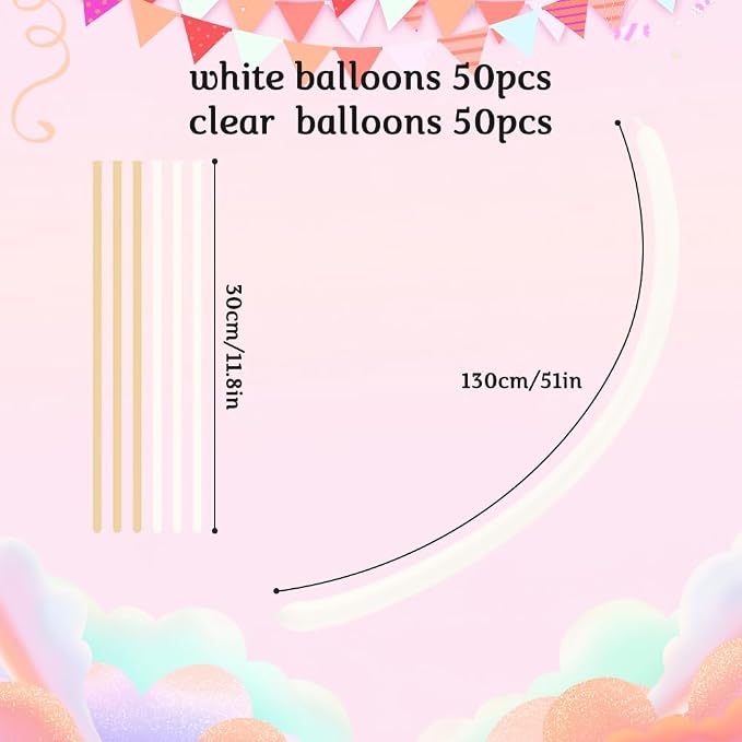260 Clear 100 Pcs Long Balloons for Tying Arch - White Latex Animal Twisting Balloons for Back to School