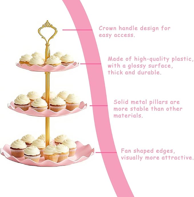 2 PCS 3 Tier Cupcake Stand Holder, Plastic Cupcake Holder Towel with Multiple Layers of Trays, Used for Cupcakes, Donuts, Fruits, Etc., White (White+Pink)