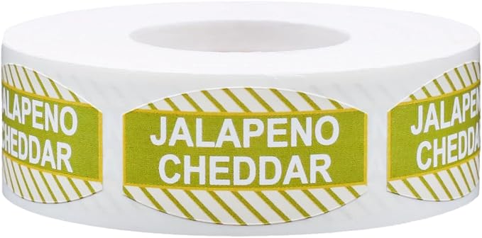 Jalapeno Cheddar Grocery Store Labels, Bakery Food Flavor Labels, 0.75 x 1.375 Inch Oval Shape, 500 Total Strong Adhesive Stickers, Ideal for Grocery Stores, Restaurants, Delis, and Food Trucks
