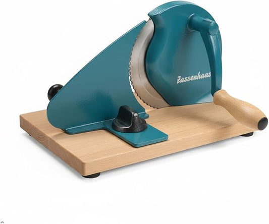 Zassenhaus Original Classic Adjustable Bread Slicer for Uniform Slices - Bread Slicer for Homemade Bread - 18/8 Stainless Steel Blade Sourdough Cutter-Water Blue 11.75" x 8"