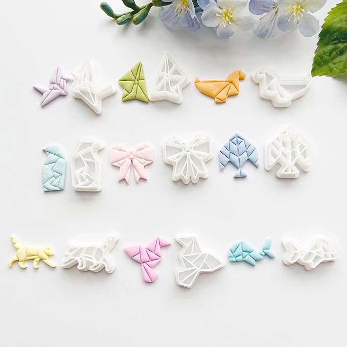 Xaekicr 9 Pcs Origami Shape Polymer Clay Cutters - Geometric Animal & Bow Cookie Cutter Set for Jewelry Making, Earring Molds, Fondant Cake Decorating & DIY Crafts