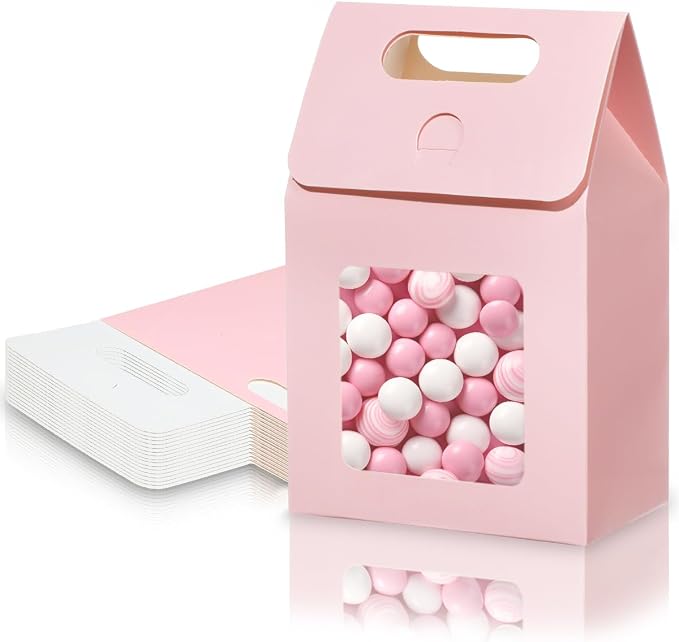 24 Pieces MINI Kraft Paper Gift Bags with Clear Window Small Goodies Gift Boxes with Handle 5.9 x 3.9 x 2.3inch Gable Candy Treat Box for Purim, Bakery Cookies, Wedding Favors, Small Business (pink)