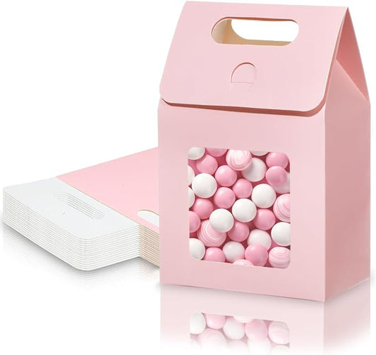 24 Pieces MINI Kraft Paper Gift Bags with Clear Window Small Goodies Gift Boxes with Handle 5.9 x 3.9 x 2.3inch Gable Candy Treat Box for Purim, Bakery Cookies, Wedding Favors, Small Business (pink)