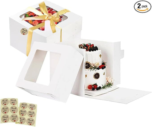 Tall Cake Boxes 10x10x10 inch Large White Bakery Square Cake Boxes with Window for Weddings Birthdays Decorating Cake with Ribbons，2 Pack