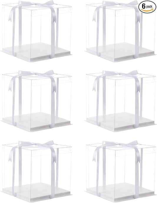 XININSUN 6Pcs clear cake boxes with Ribbon, 6inch cake boxes for Christmas Bakery Treat,Holiday Pastries,Gift Giving-White