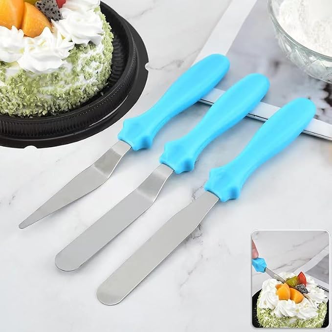 Cake Cream Spatulas, 3 Pieces of Cake Angled Spatula with Stainless Steel, Professional Cake Decorating, Pastry & Baking, Icing Frosting Cream Chocolate Cake Spatula (3 Pcs Blue)