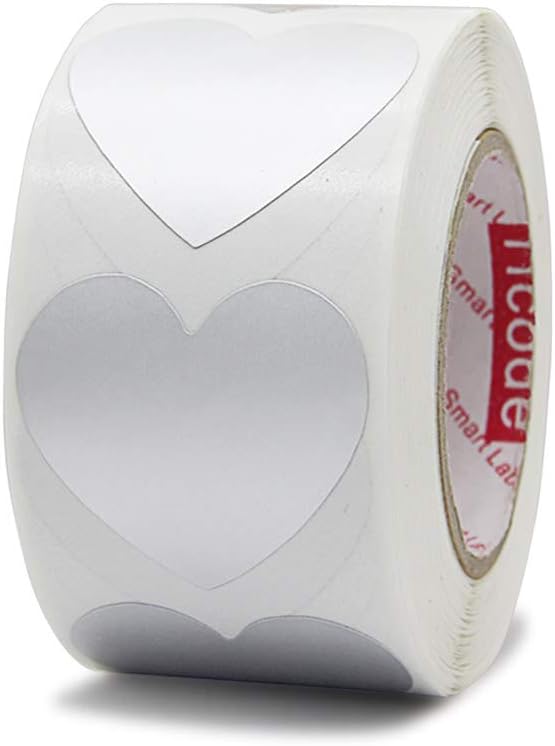 Hcode 1.5'' Color Coding Dot Labels Metalic Silver Love Heart Shape Natural Paper Adhesive Label 500 Stickers per Roll (Heart, Matte Silver)