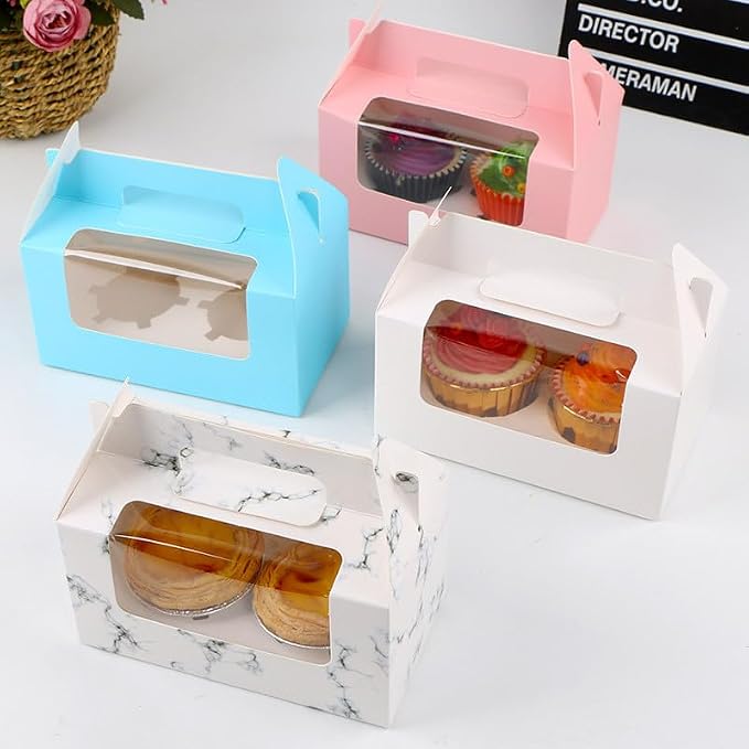 25Pcs Cupcake Containers -2 Holders Individual Cupcake Boxes with Clear Window Inserts and Handle Cupcake Muffins Cupcake Carriers for Birthday Party Wedding Cookies Pastries (Blue)