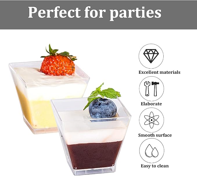 Jnnzzggu 50Pcs Square Mini Plastic Dessert Cups,3.5Oz Clear Plastic Parfait Appetizer Cup for Desserts,Appetizers,Ice Cream