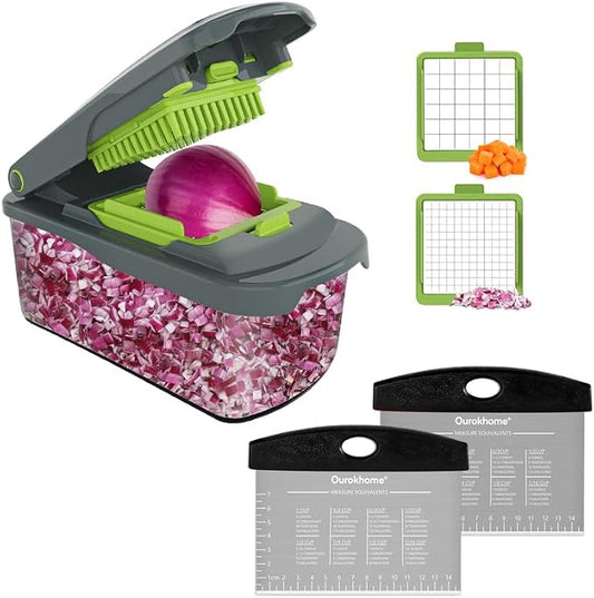 Ourokhome Vegetable Chopper Onion Cutter with Container Multifunctional Food Chopper with 2 Blades, Dough Pastry Bench Cutter Scraper, Stainless Steel Pizza Cutter for Kitchen Baking, Dishwasher Safe