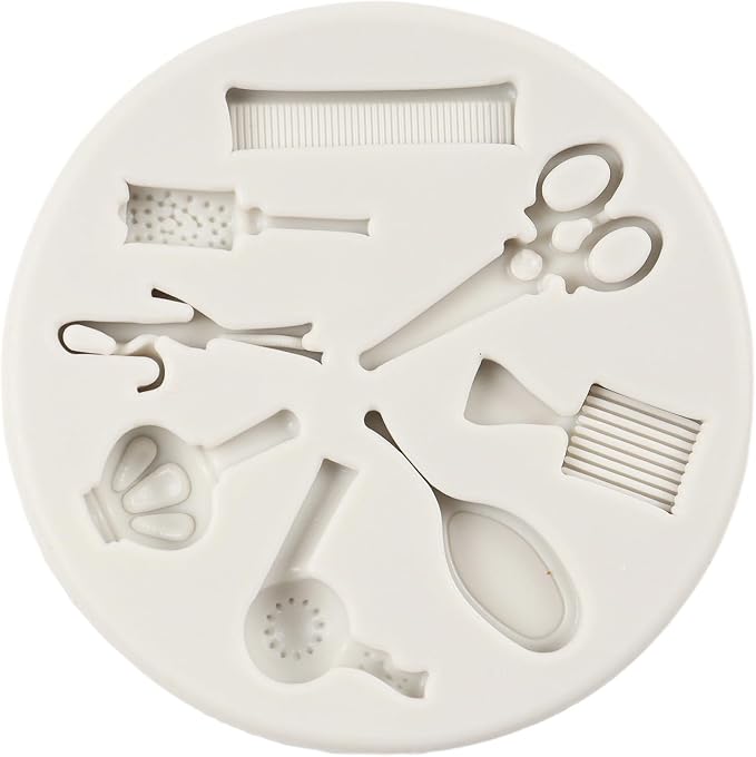 Hairdressing Silicone Mold Hair Cutting Tools Fondant Molds Scissors Comb Mirror Hair Dryer Molds for Cake Decoration Cupcake Topper Candy Chocolate Sugar Craft Polymer Clay Gum Paste