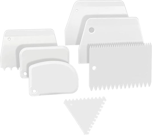 LNAUJS 7-Piece Cake Scraper and Smoother Set, Plastic Cake Decorating Tools Kit for Buttercream Icing, Fondant, Cookies, Pizza Dough & Baking - Multi-Purpose Cake Scraper and Kitchen Utensils (White)