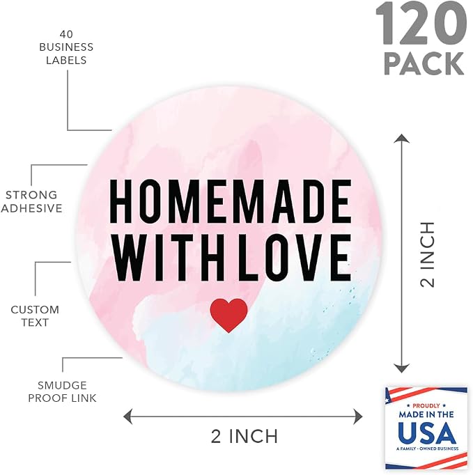 Andaz Press Round Small Business Sticker Labels, 120-Pack, Watercolor Homemade with Love, Red Heart, Handmade Stickers for Packaging, Product Labels for Small Business
