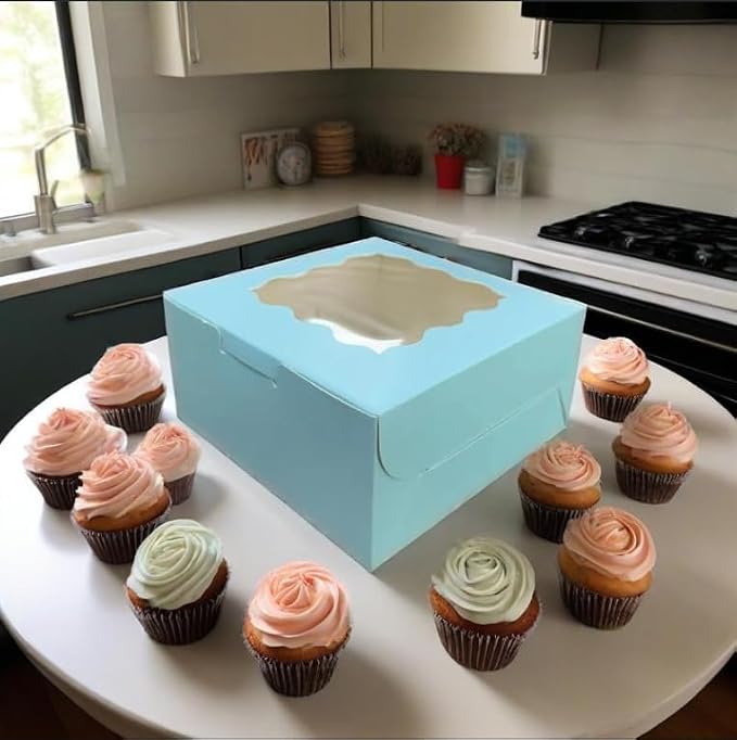 Generic 50Pcs (6x6x3 in) Mini Cake Boxes+3 stickers with Display Window for Gift Giving, Bakesale, Cupcakes, Dessert, Cookies, Pie, Macaroons, Donuts, Pastry, Kraft Paper Material… (50Pcs blue)