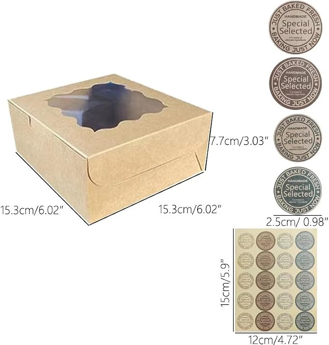 Generic 30Pcs (6x6x3 in) Mini Cake Boxes+2 stickers with Display Window for Gift Giving, Bakesale, Cupcakes, Dessert, Cookies, Pie, Macaroons, Donuts, Pastry, Kraft Paper Material… (30Pcs kraft)